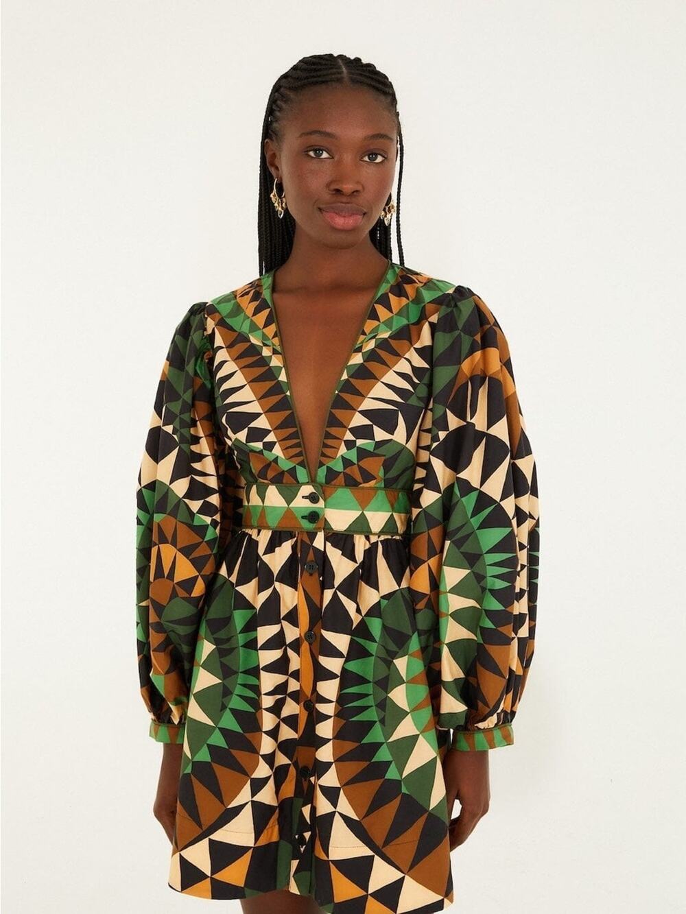 Farm Rio Green Heart Deco Puff Sleeve Mini Dress
